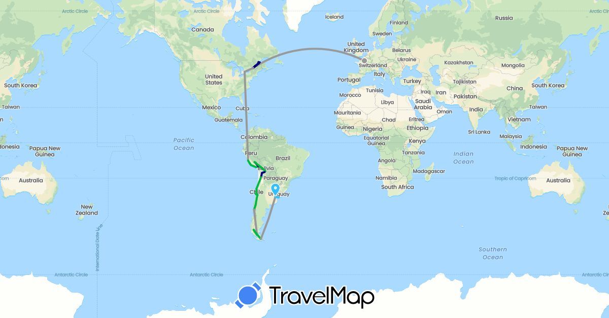 TravelMap itinerary: driving, bus, plane, hiking, boat in Argentina, Bolivia, Canada, Chile, France, Peru, Uruguay (Europe, North America, South America)